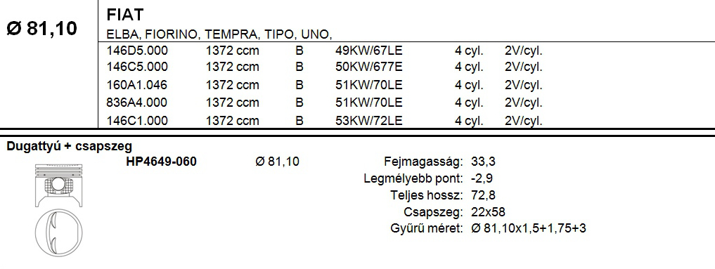 FIAT Dugattyú csapszeggel +0,60