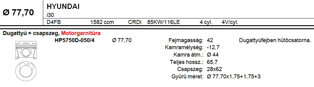 HYUNDAI Dugattyú csapszeggel +0,50