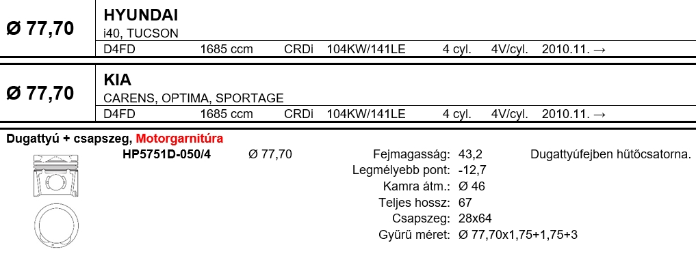HYUNDAI Dugattyú csapszeggel +0,50