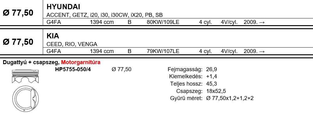 HYUNDAI Dugattyú csapszeggel +0,50