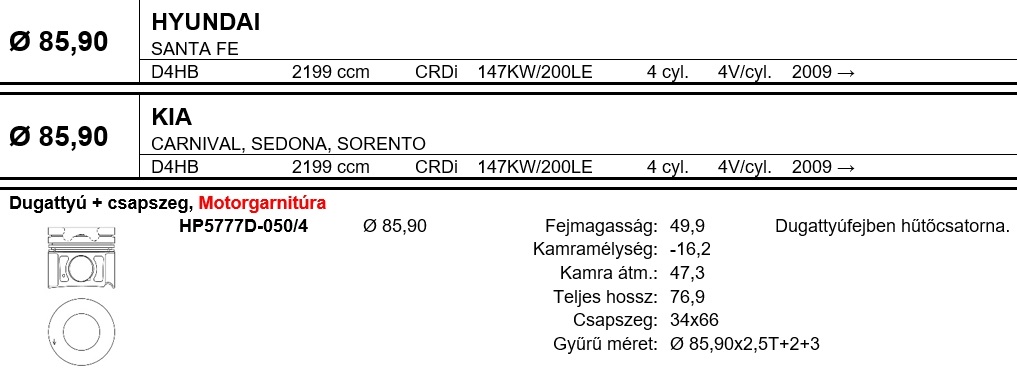 HYUNDAI Dugattyú csapszeggel +0,50