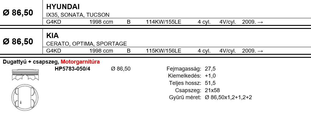 HYUNDAI Dugattyú csapszeggel +0,50