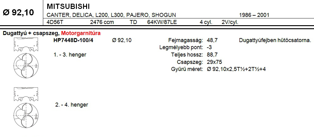MITSUBISHI Dugattyú csapszeggel +1,00
