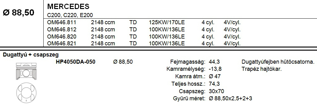 MERCEDES Dugattyú csapszeggel +0,50 4