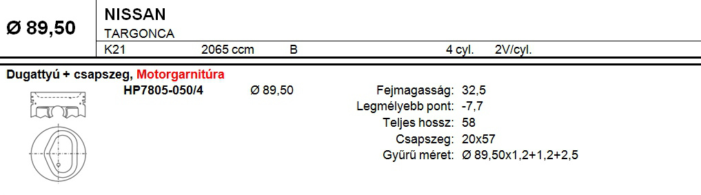 NISSAN Dugattyú csapszeggel +0,50