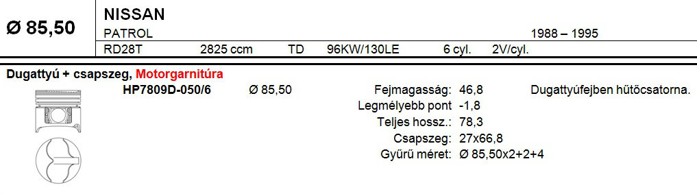 NISSAN Dugattyú csapszeggel +0,50