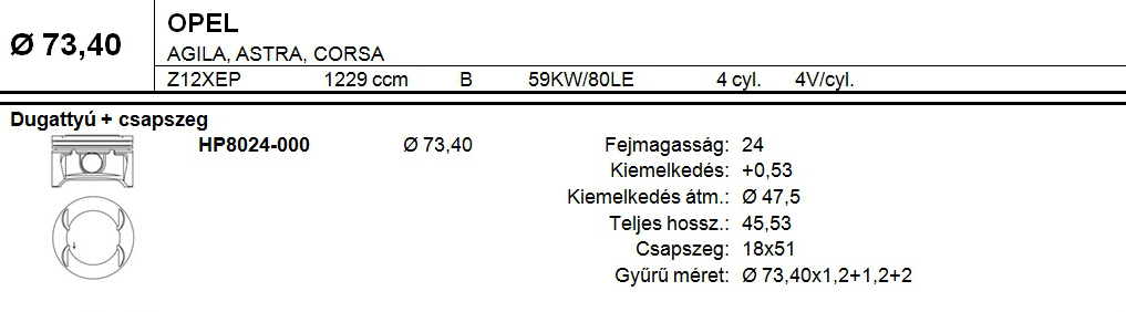 OPEL Dugattyú csapszeggel STD