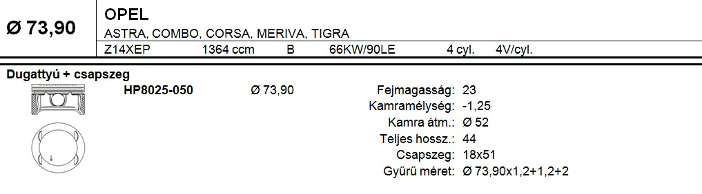 OPEL Dugattyú csapszeggel +0,50