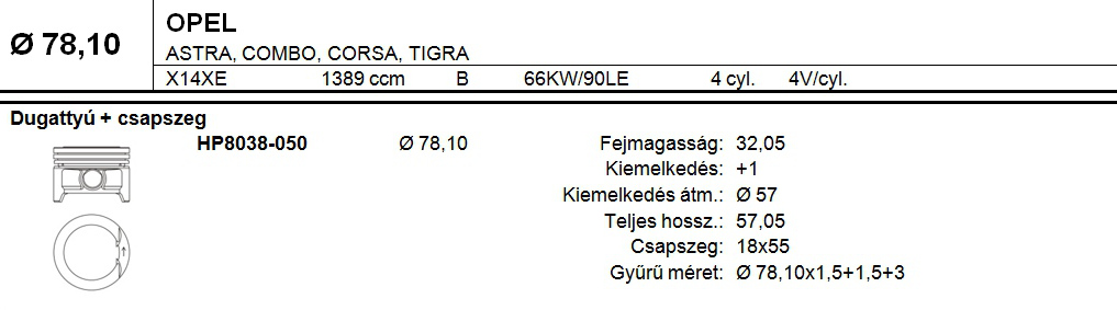 OPEL Dugattyú csapszeggel +0,50