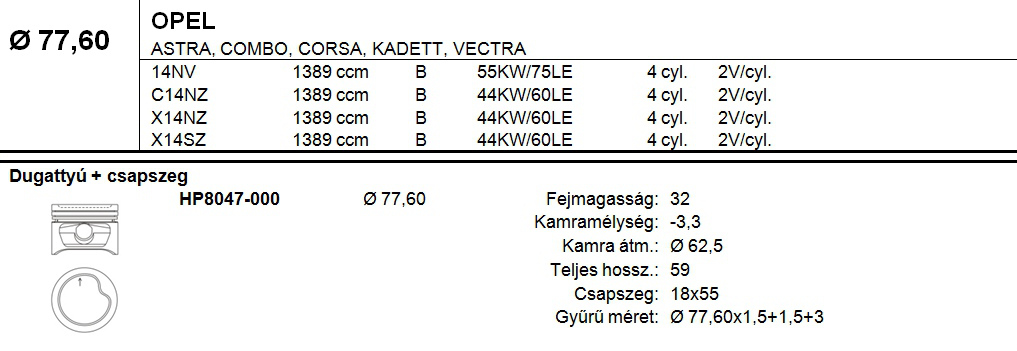 OPEL Dugattyú csapszeggel STD