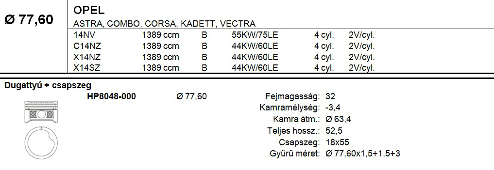 OPEL Dugattyú csapszeggel STD
