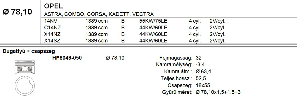 OPEL Dugattyú csapszeggel +0,50