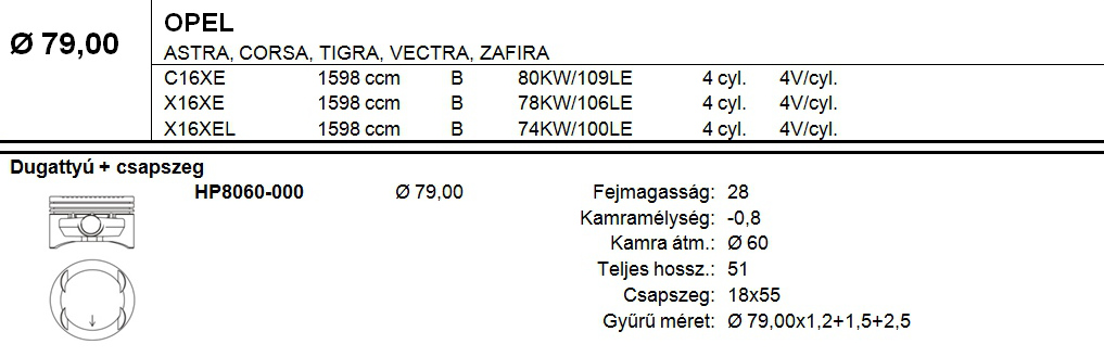 OPEL Dugattyú csapszeggel STD