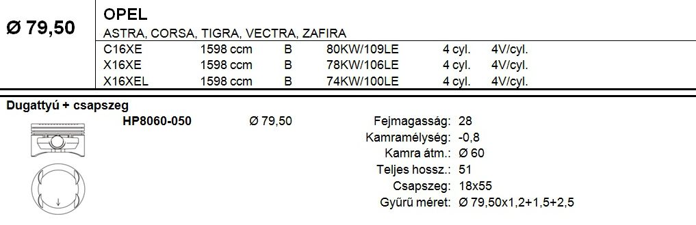 OPEL Dugattyú csapszeggel +0,50