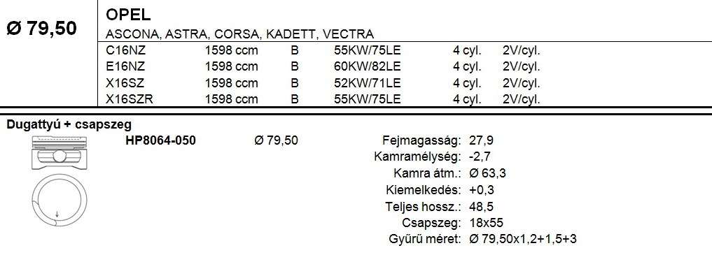 OPEL Dugattyú csapszeggel +0,50
