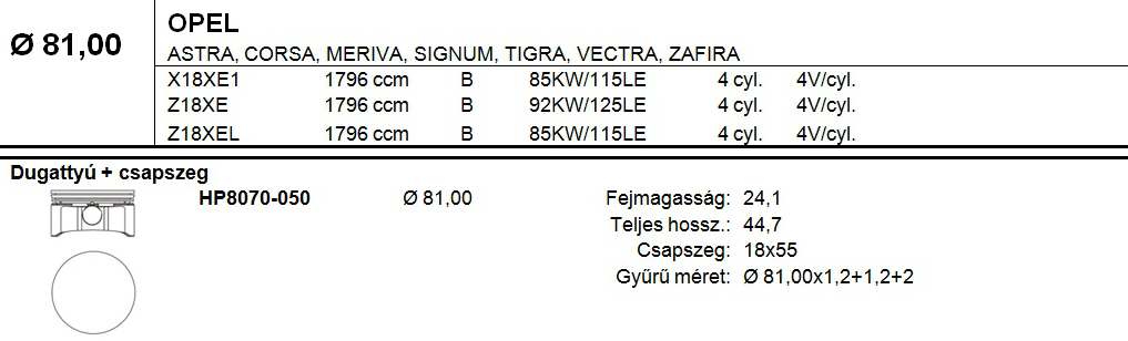OPEL Dugattyú csapszeggel +0,50