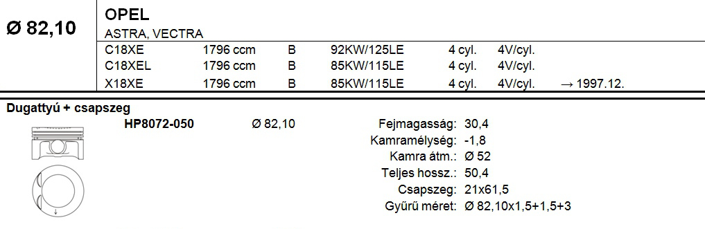 OPEL Dugattyú csapszeggel +0,50