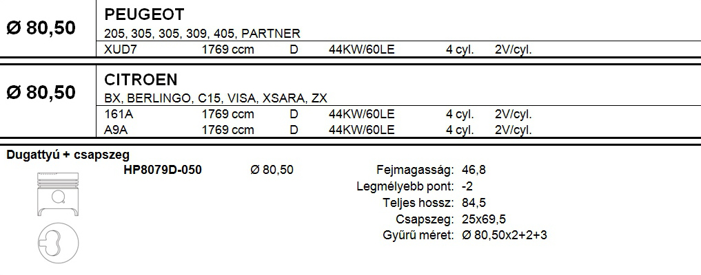 PEUGEOT Dugattyú csapszeggel +0,50