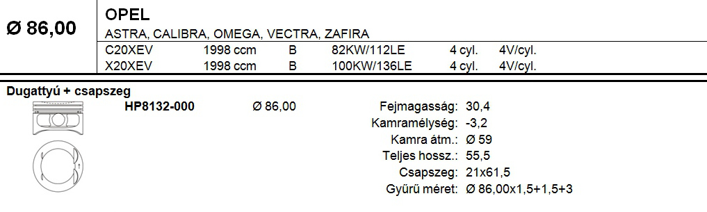 OPEL Dugattyú csapszeggel STD