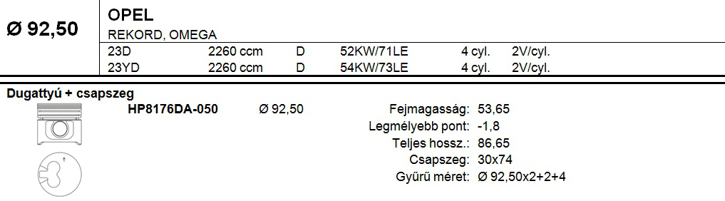 OPEL Dugattyú csapszeggel +0,50