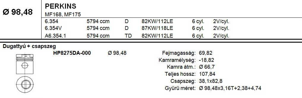PERKINS Dugattyú csapszeggel STD
