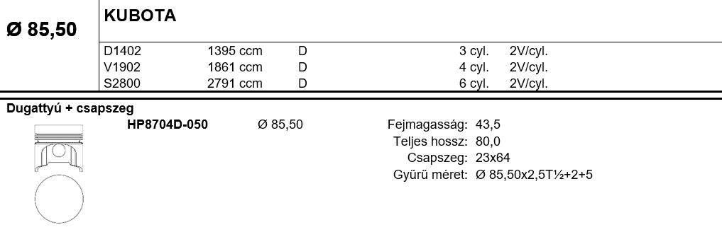 KUBOTA Dugattyú csapszeggel +0,50