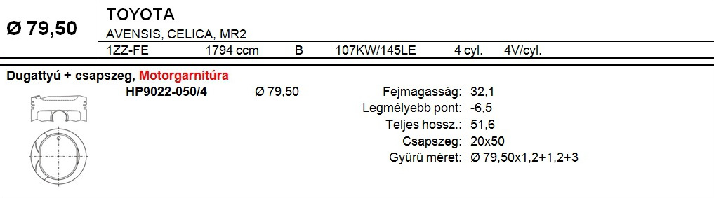 TOYOTA 1ZZ-FE Dugattyú csapszeggel +0,50