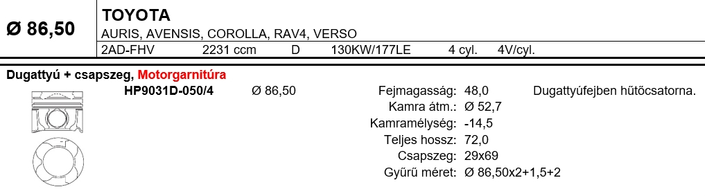 TOYOTA 2AD-FHV Dugattyú +0,50