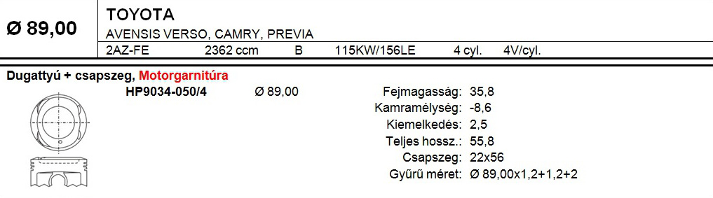 TOYOTA 2AZ-FE Dugattyú csapszeggel +0,50