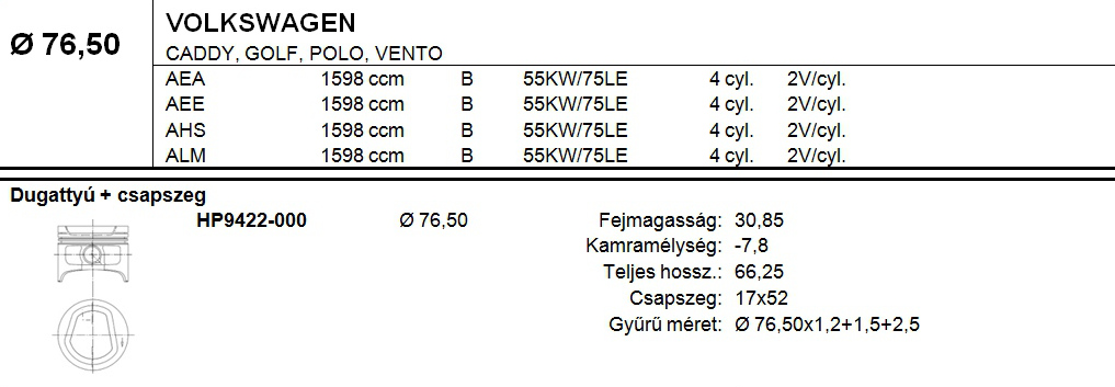 VW Dugattyú csapszeggel STD