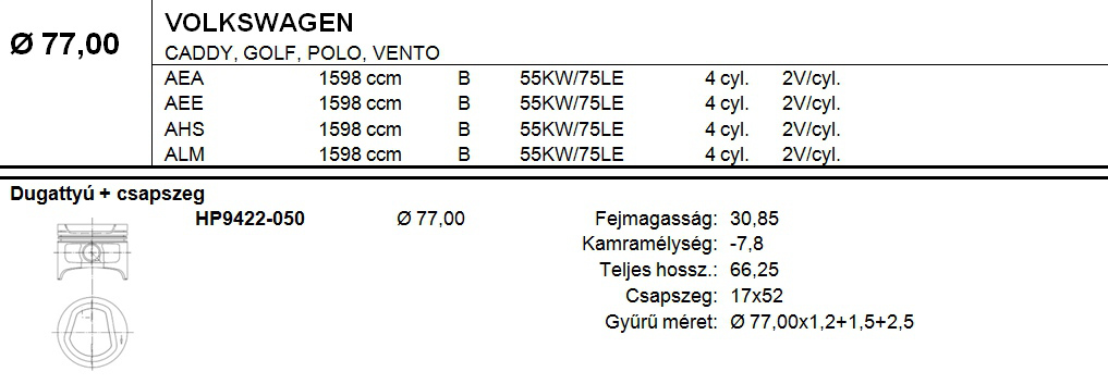 VW Dugattyú csapszeggel +0,50