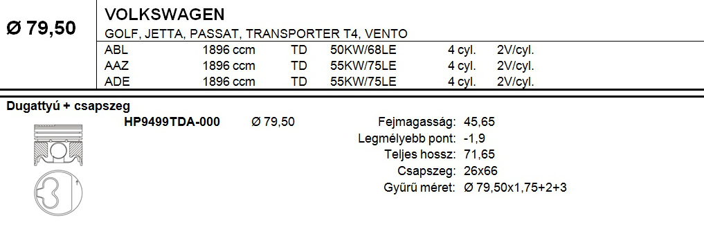 VW Dugattyú csapszeggel STD