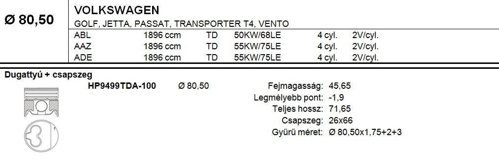 VW Dugattyú csapszeggel +1,00