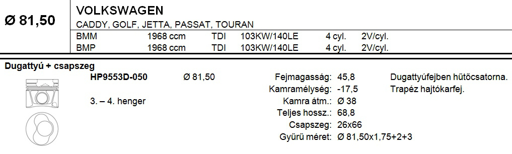 VW Dugattyú csapszeggel +0,50