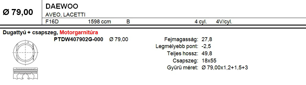DAEWOO 79,0 Dugattyú+csapszeg 4db/set