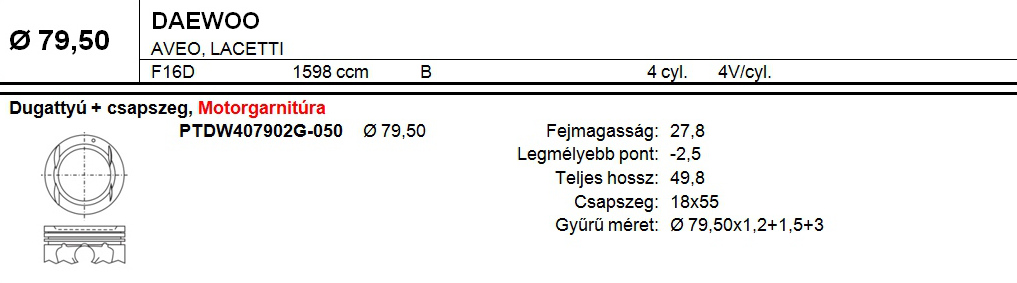 DAEWOO 79,5 Dugattyú+csapszeg 3db/set