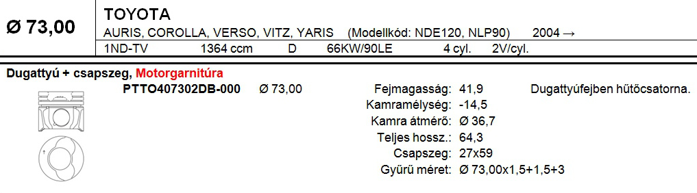 TOYOTA 73,0 Dugattyú+csapszeg 4db
