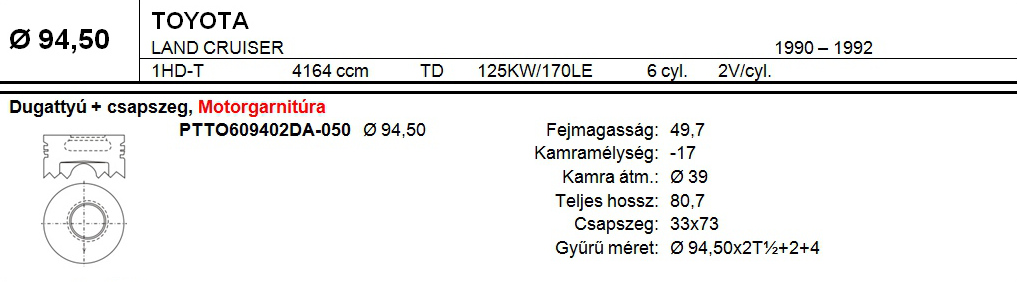 TOYOTA 4163TD 94,5 Dugattyú+csapsz. 6db 4